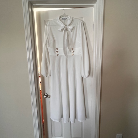 Tie Neck Buttoned Waistband Lantern Sleeve Dress - Picture 2 of 3